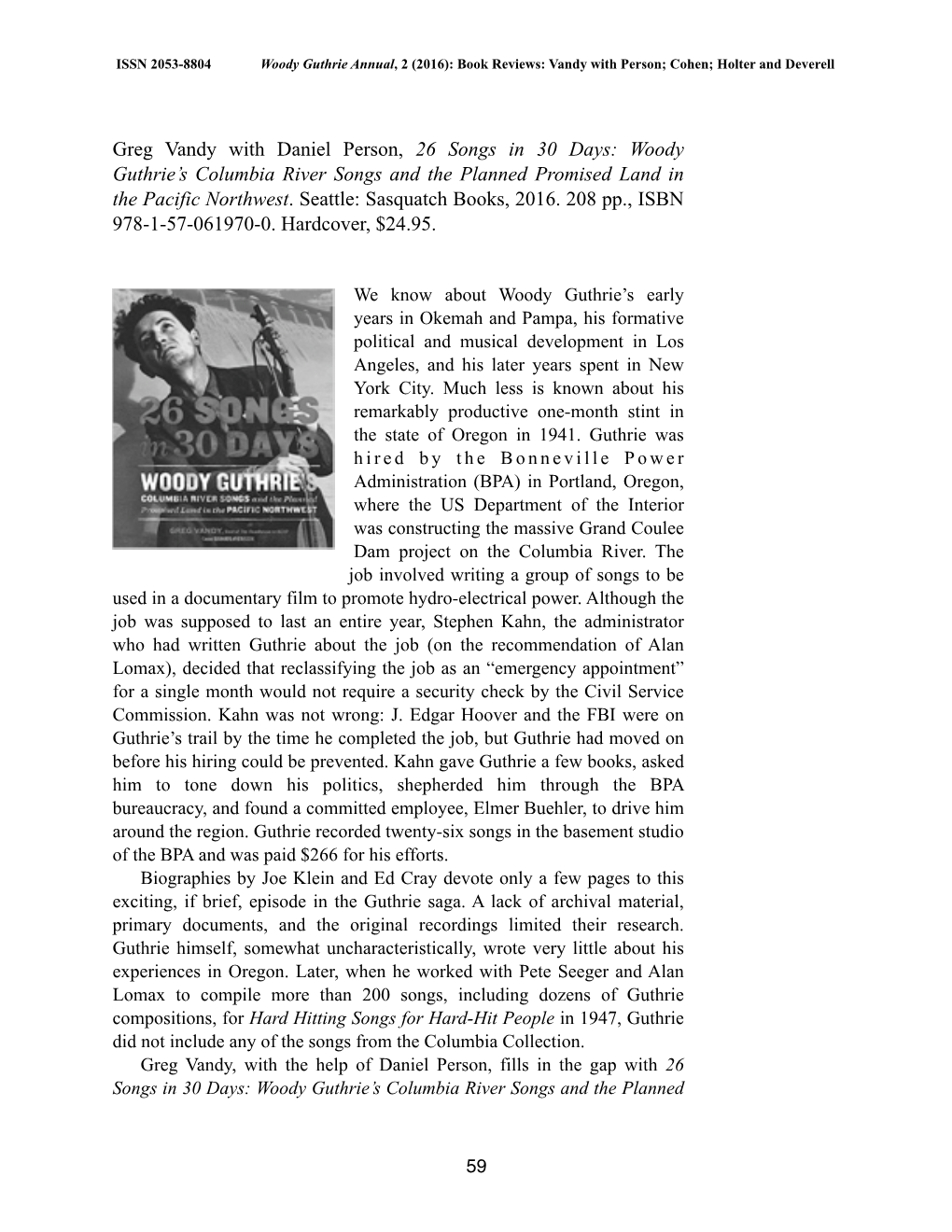 Greg Vandy with Daniel Person, 26 Songs in 30 Days: Woody Guthrie’S Columbia River Songs and the Planned Promised Land in the Pacific Northwest