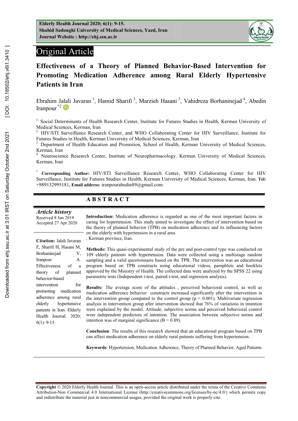 Effectiveness of a Theory of Planned Behavior-Based Intervention for Promoting Medication Adherence Among Rural Elderly Hypertensive Patients in Iran