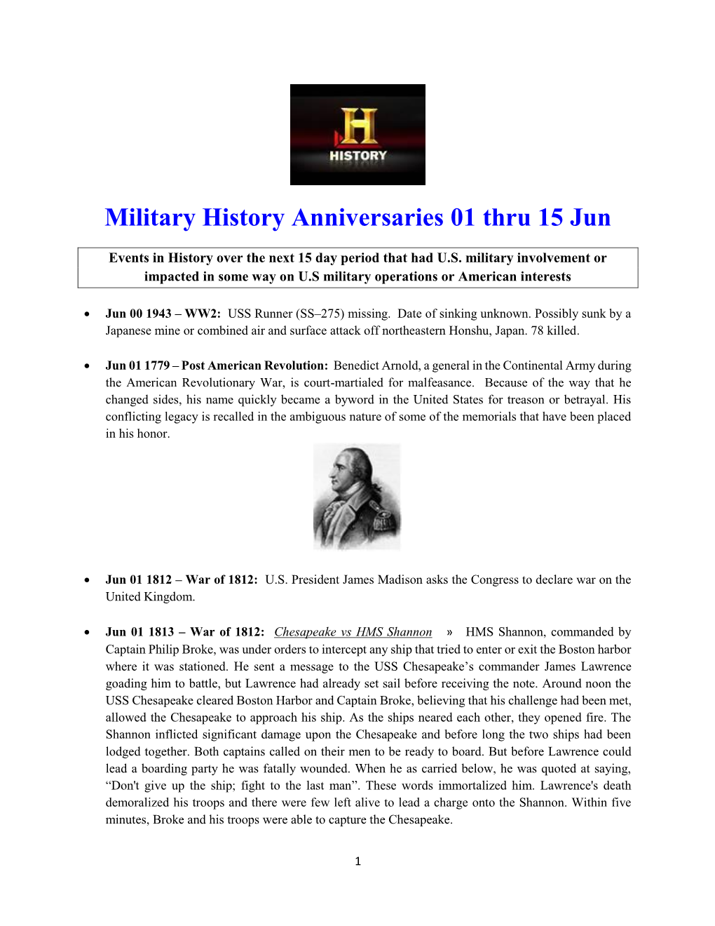 Military History Anniversaries 0601 Thru 061520