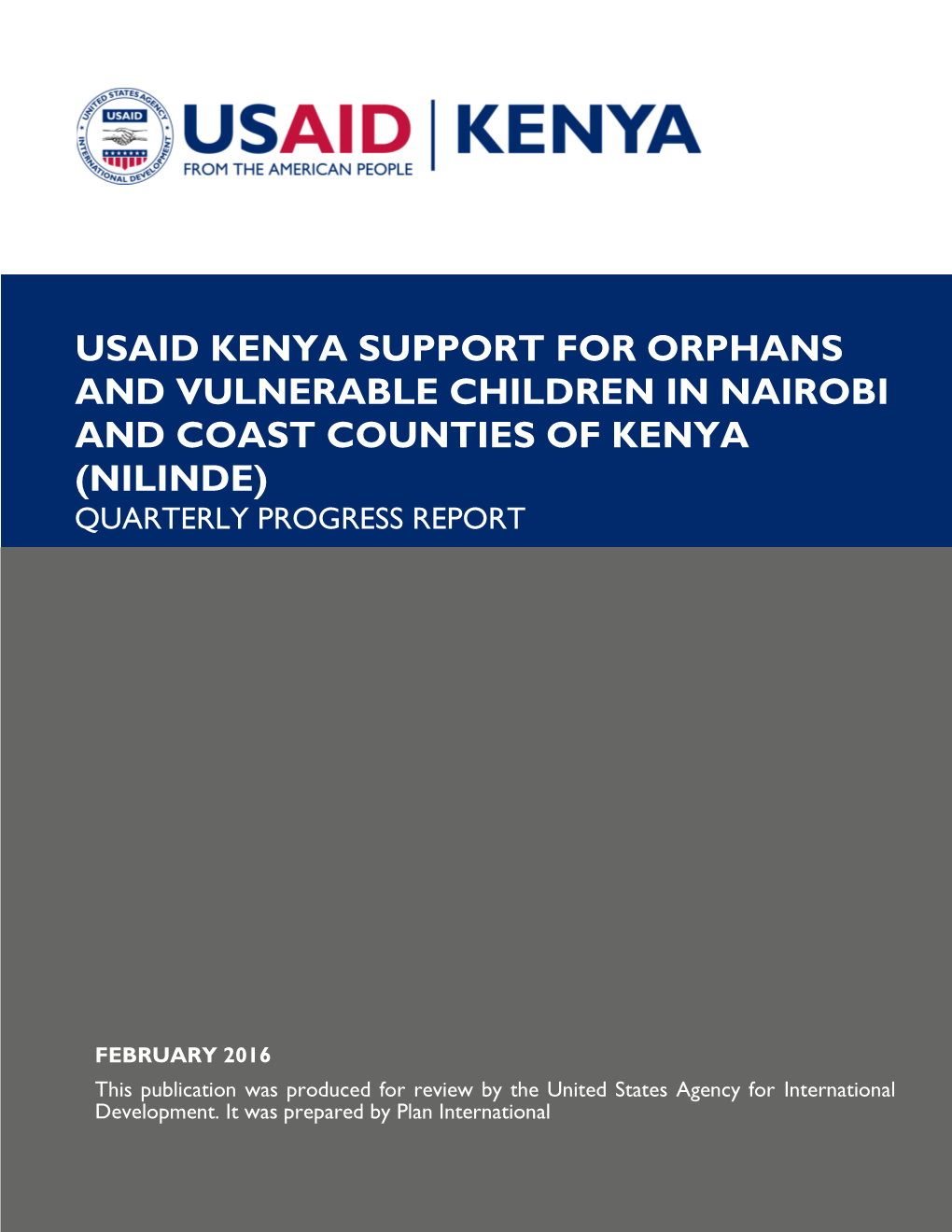 Usaid Kenya Support for Orphans and Vulnerable Children in Nairobi and Coast Counties of Kenya (Nilinde) Quarterly Progress Report