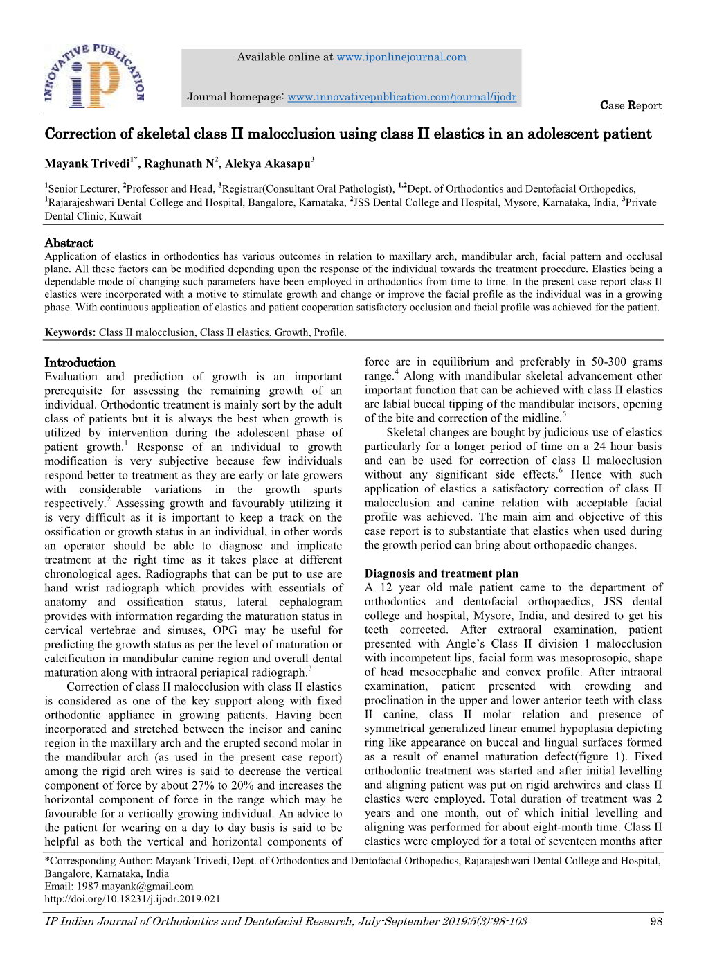 Correction of Skeletal Class II Malocclusion Using Class II Elastics in an Adolescent Patient