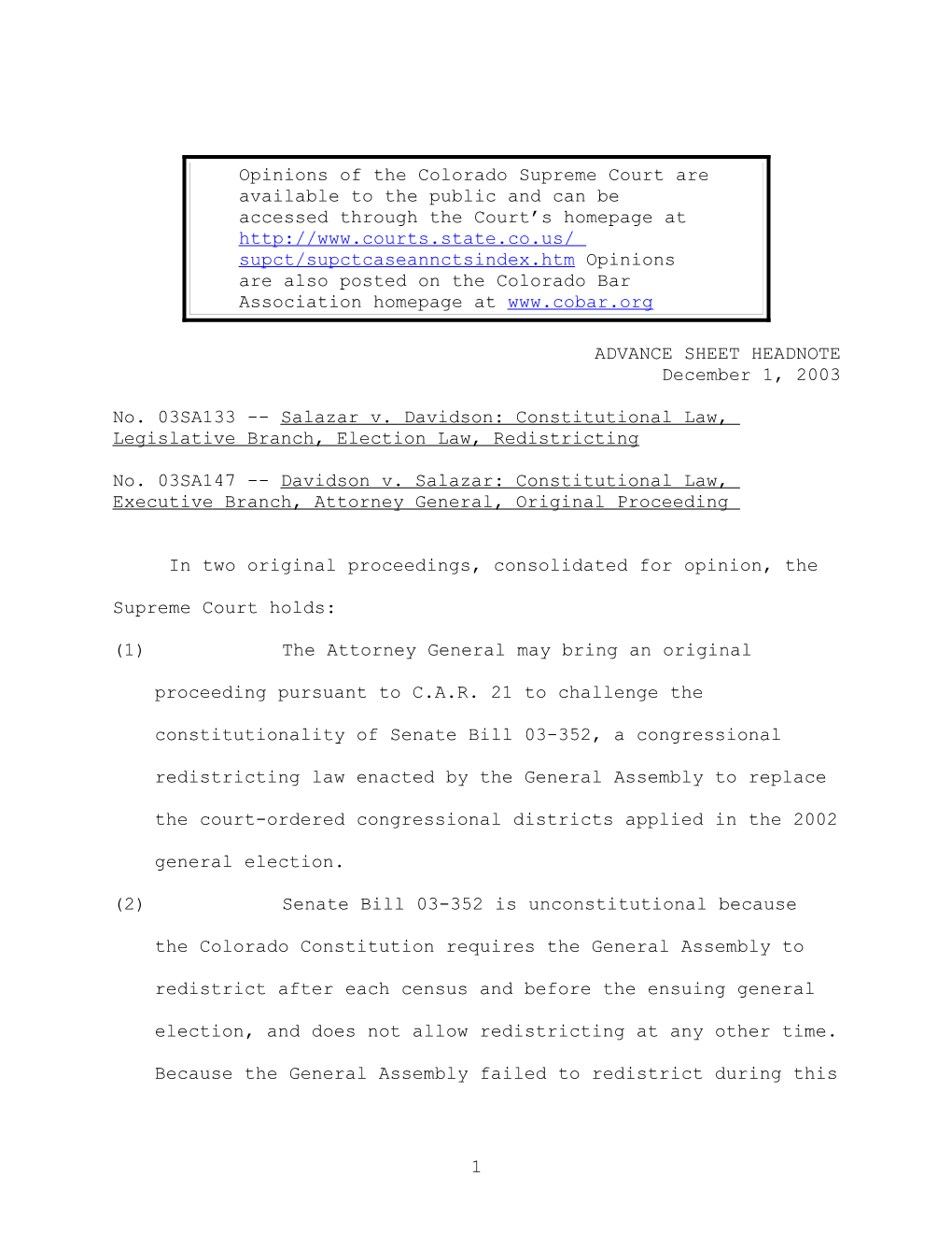 No. 03SA133 Salazar V. Davidson: Constitutional Law, Legislative Branch, Election Law