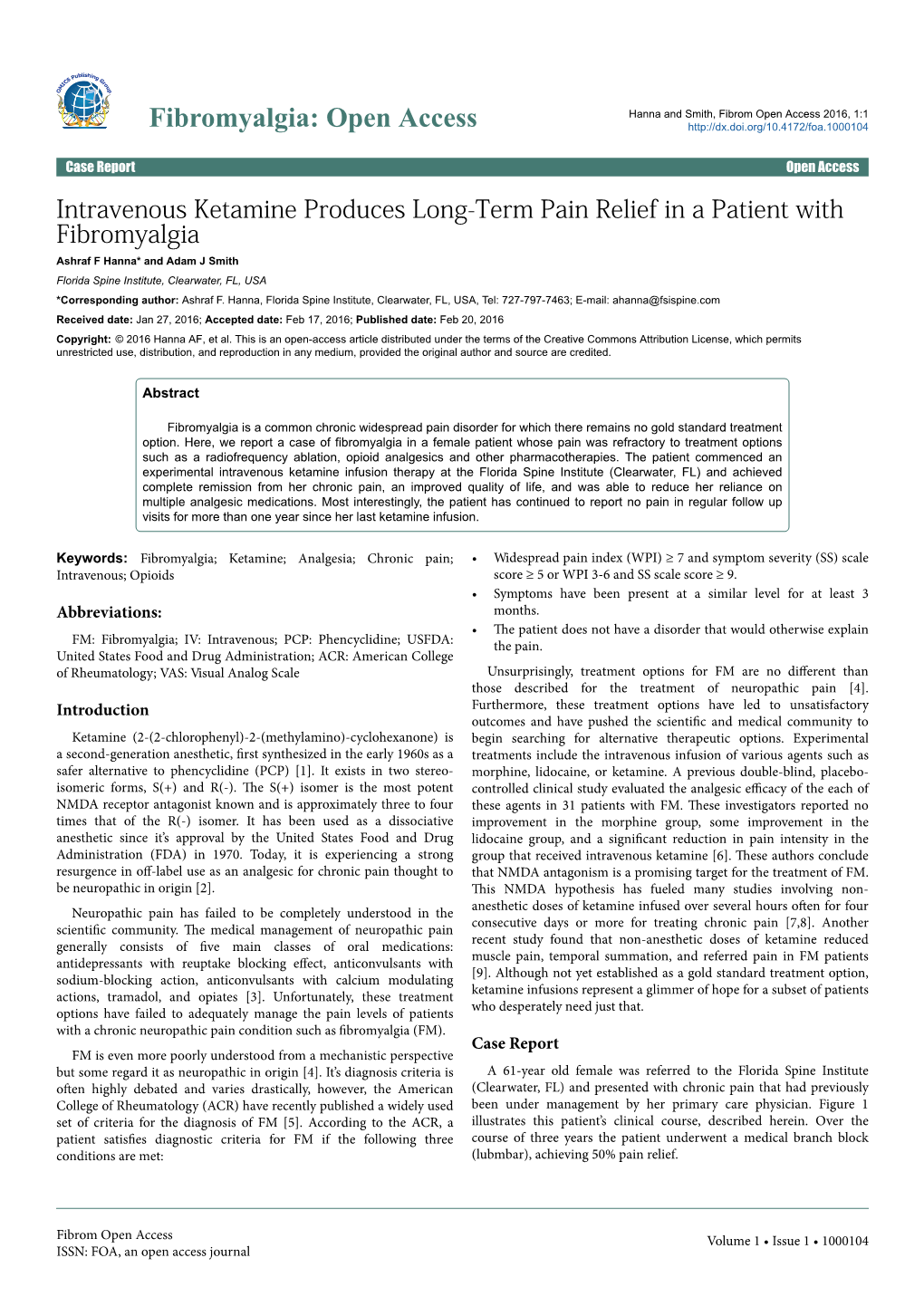 Intravenous Ketamine Produces Long-Term Pain