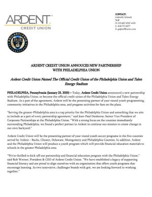 Ardent Credit Union Named the Official Credit Union of the Philadelphia Union and Talen Energy Stadium