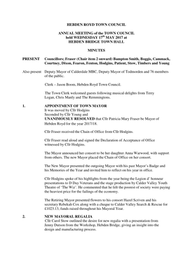 31 January 2018 It Was Moved by Cllr Young Seconded by Cllr Courtney and RESOLVED : to Approve the Amended Minutes As a Correct Record