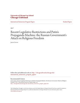 Recent Legislative Restrictions and Putin's Propaganda Machine: the Russian Government's Attack on Religious Freedom Jason Grover