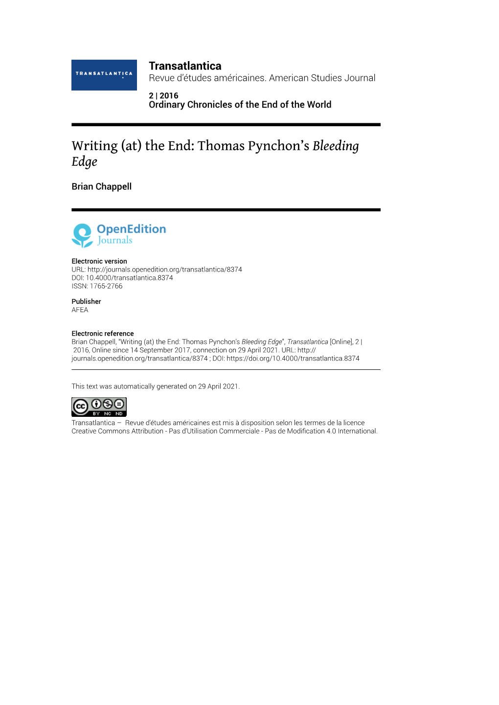 Transatlantica, 2 | 2016 Writing (At) the End: Thomas Pynchon’S Bleeding Edge 2