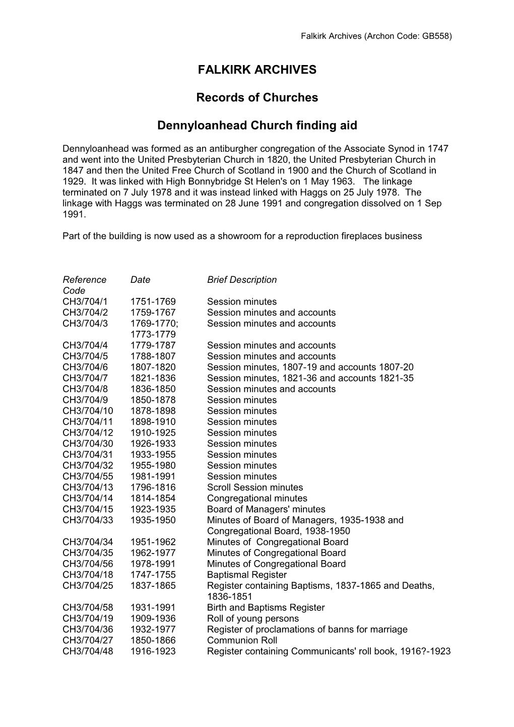Dennyloanhead Church Finding Aid