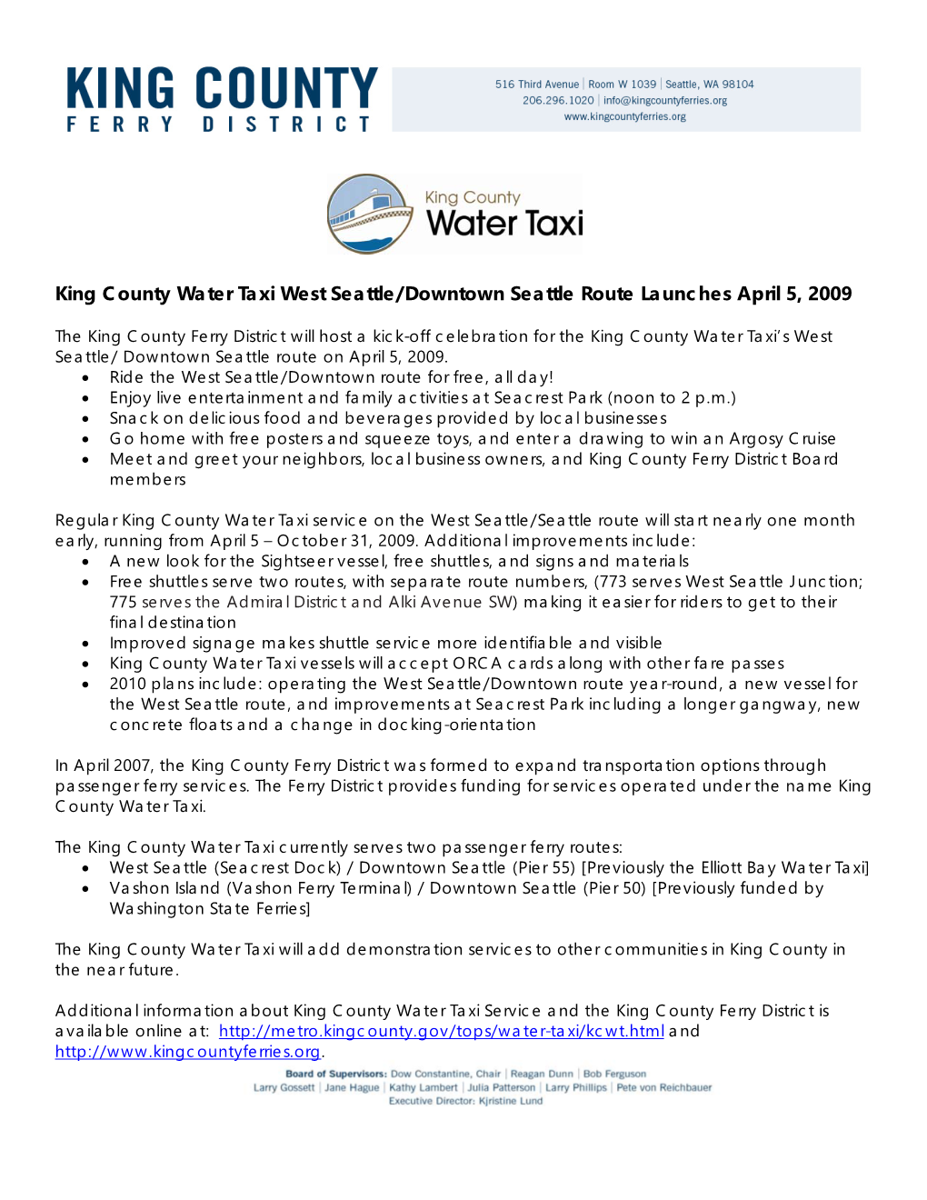 King County Water Taxi West Seattle/Downtown Seattle Route Launches April 5, 2009