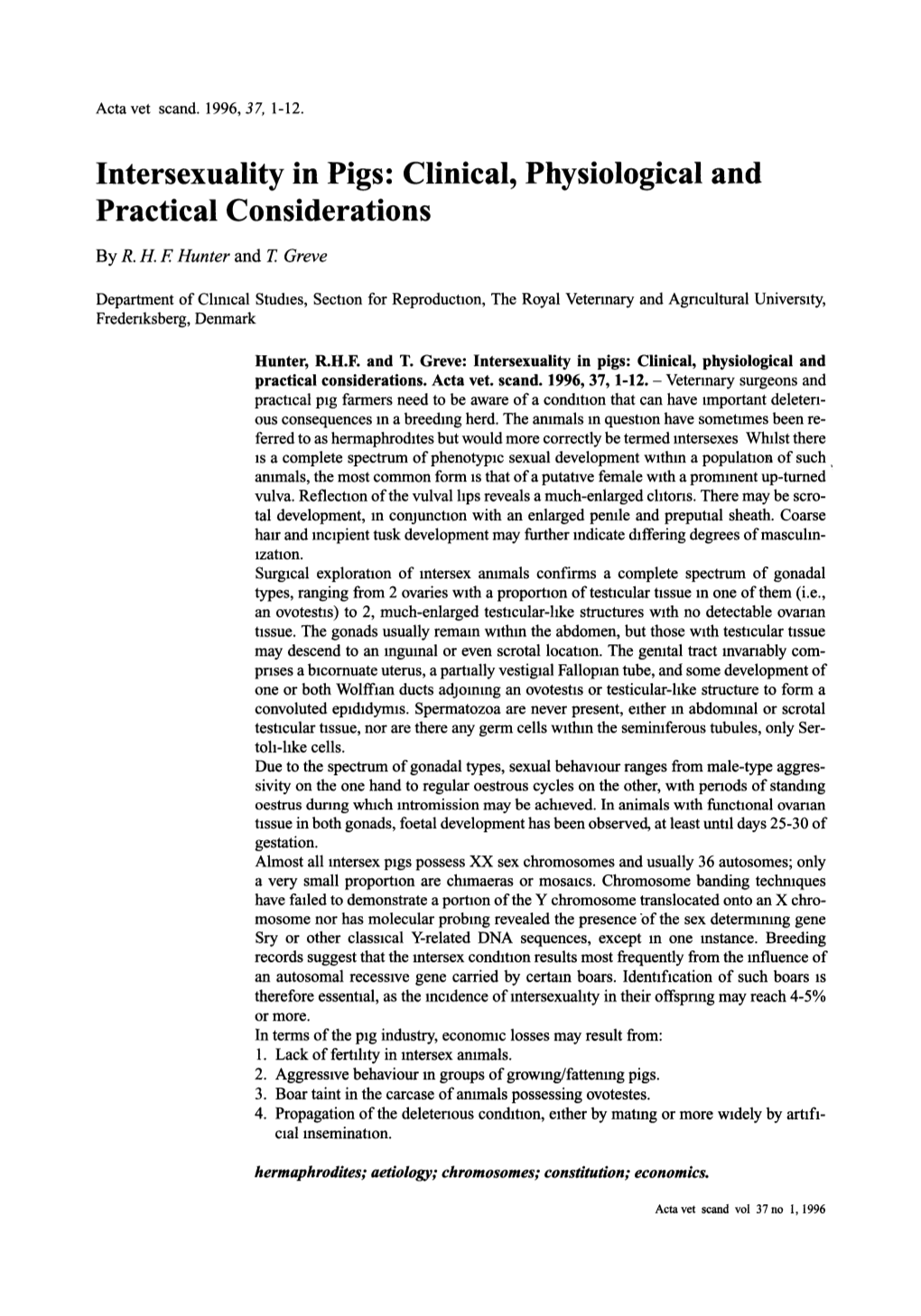 Lntersexuality in Pigs: Clinical, Physiological and Practical Considerations