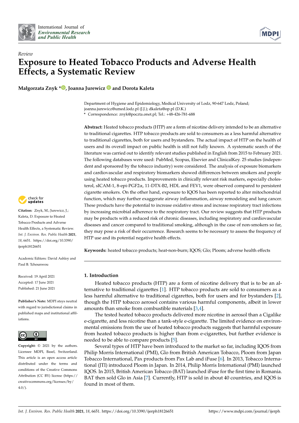 Exposure to Heated Tobacco Products and Adverse Health Effects, a Systematic Review