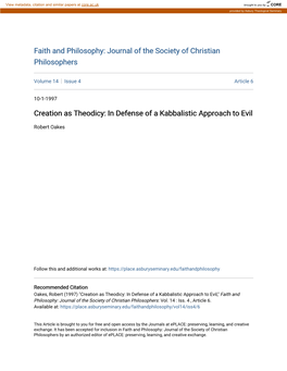 Creation As Theodicy: in Defense of a Kabbalistic Approach to Evil