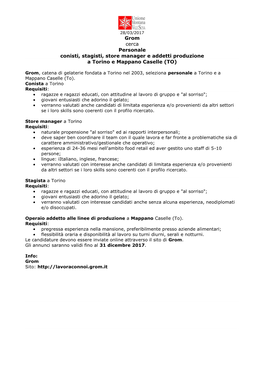 Grom Cerca Personale Conisti, Stagisti, Store Manager E Addetti Produzione a Torino E Mappano Caselle (TO)