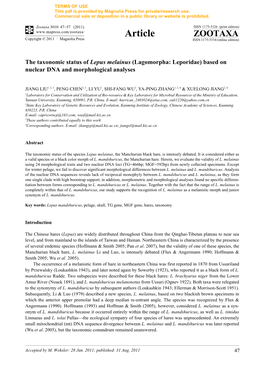 The Taxonomic Status of Lepus Melainus (Lagomorpha: Leporidae) Based on Nuclear DNA and Morphological Analyses
