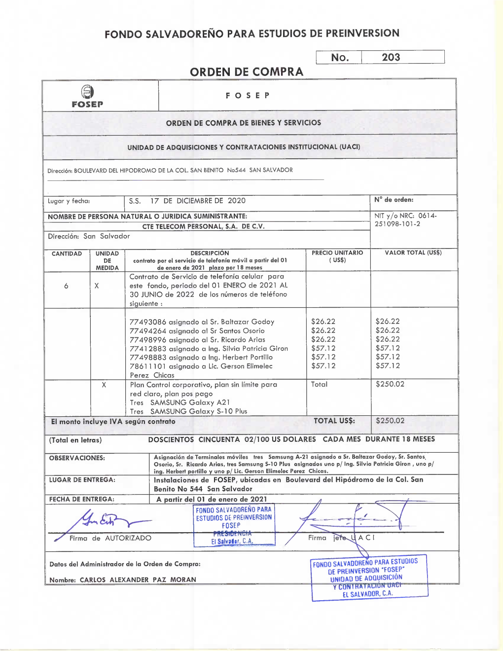 Claro, Plan Pos Pago Tres SAMSUNG Galaxy A21 Tres SAMSUNG Galaxy S- 1 O Plus El Monto Incluye IVA Según Contrato TOTAL US$: $250.02