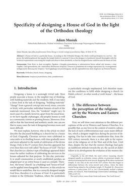 Specificity of Designing a House of God in the Light of the Orthodox Theology