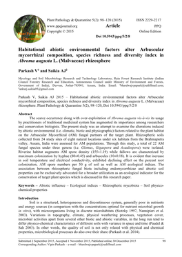 Habitational Abiotic Environmental Factors Alter Arbuscular Mycorrhizal Composition, Species Richness and Diversity Index in Abroma Augusta L