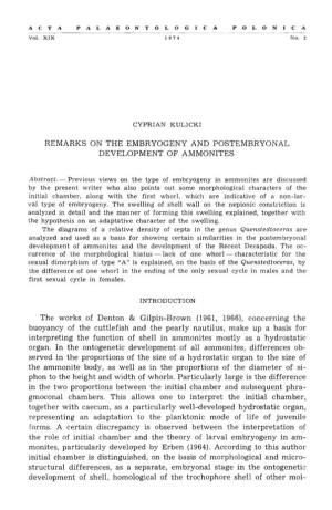 Remarks on the Embryogeny and Postembryonal Development of Ammonites