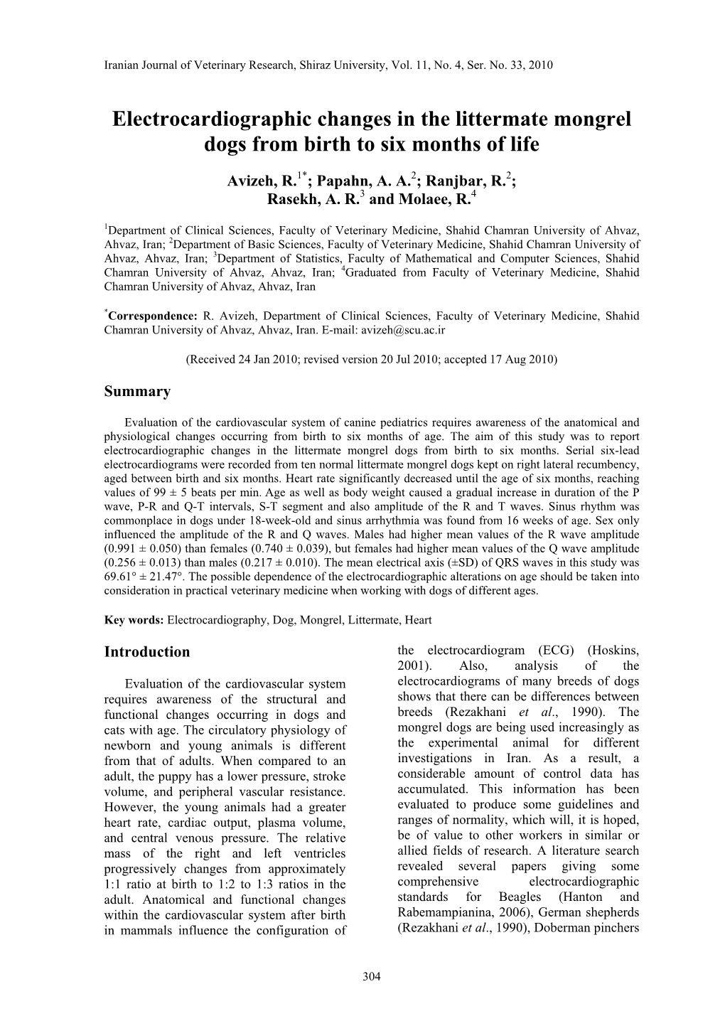 Electrocardiographic Changes in the Littermate Mongrel Dogs from Birth to Six Months of Life