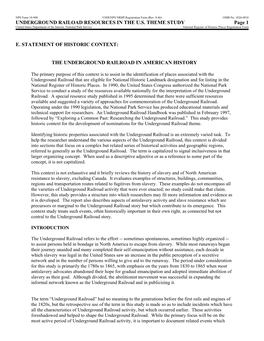 UNDERGROUND RAILOAD RESOURCES in the U.S. THEME STUDY Page 1 E. STATEMENT of HISTORIC CONTEXT: the UNDERGROUND RAILROAD in AMERI