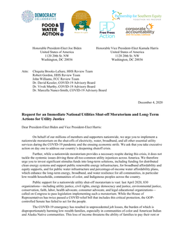 Request for an Immediate National Utilities Shut-Off Moratorium and Long-Term Actions for Utility Justice