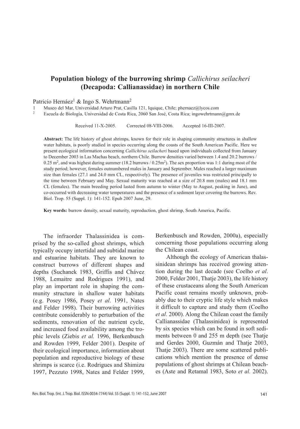 Population Biology of the Burrowing Shrimp Callichirus Seilacheri (Decapoda: Callianassidae) in Northern Chile