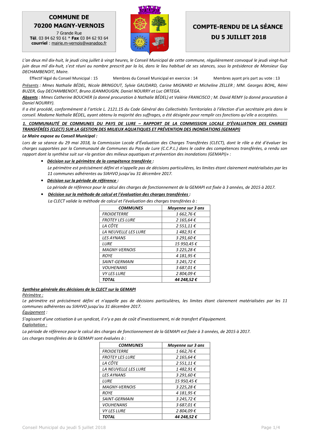 COMMUNE DE 70200 MAGNY-VERNOIS COMPTE-RENDU DE LA SÉANCE 7 Grande Rue Tél