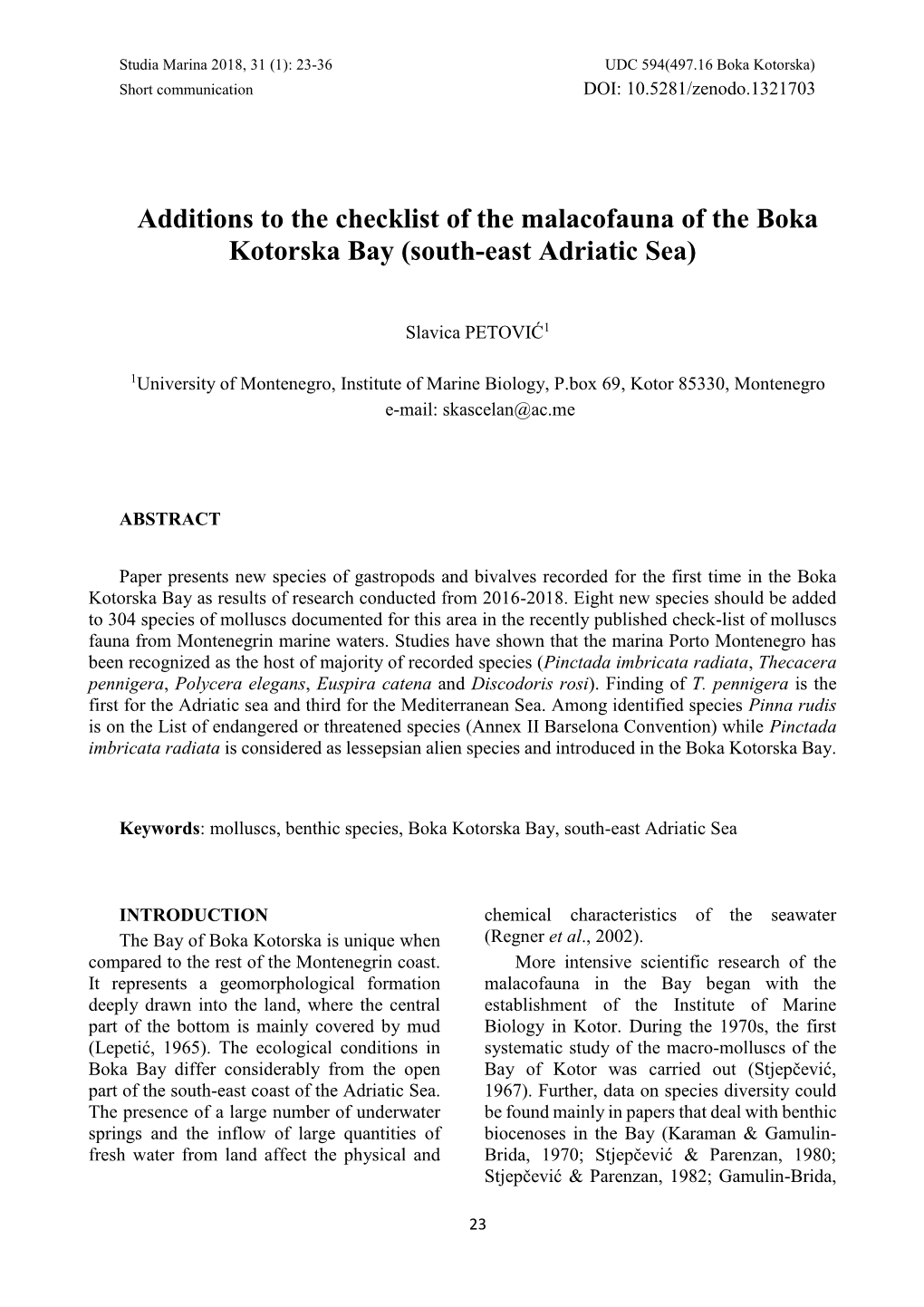 Additions to the Checklist of the Malacofauna of the Boka Kotorska Bay (South-East Adriatic Sea)