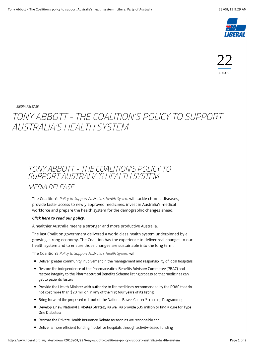 Tony Abbott - the Coalition's Policy to Support Australia's Health System | Liberal Party of Australia 23/08/13 9:29 AM