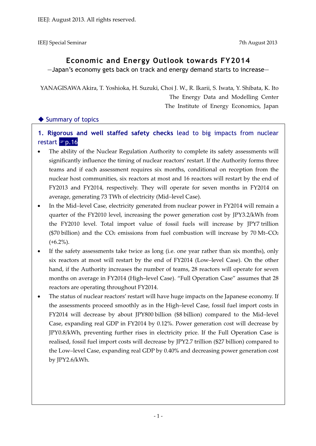 Economic and Energy Outlook Towards FY2014 —Japan’S Economy Gets Back on Track and Energy Demand Starts to Increase—