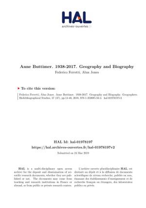 Anne Buttimer. 1938-2017. Geography and Biography Federico Ferretti, Alun Jones