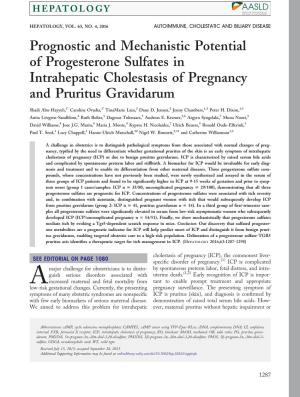 Prognostic and Mechanistic Potential of Progesterone Sulfates in Intrahepatic Cholestasis of Pregnancy and Pruritus Gravidarum