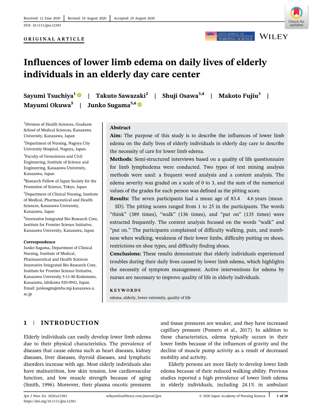 Influences of Lower Limb Edema on Daily Lives of Elderly Individuals in an Elderly Day Care Center