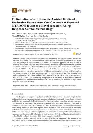 Optimization of an Ultrasonic-Assisted Biodiesel Production Process from One Genotype of Rapeseed (TERI (OE) R-983) As a Novel Feedstock Using Response Surface Methodology