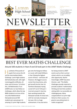 BEST EVER MATHS CHALLENGE Around 100 Students in Years 9 and 10 Took Part in the UKMT Maths Challenge