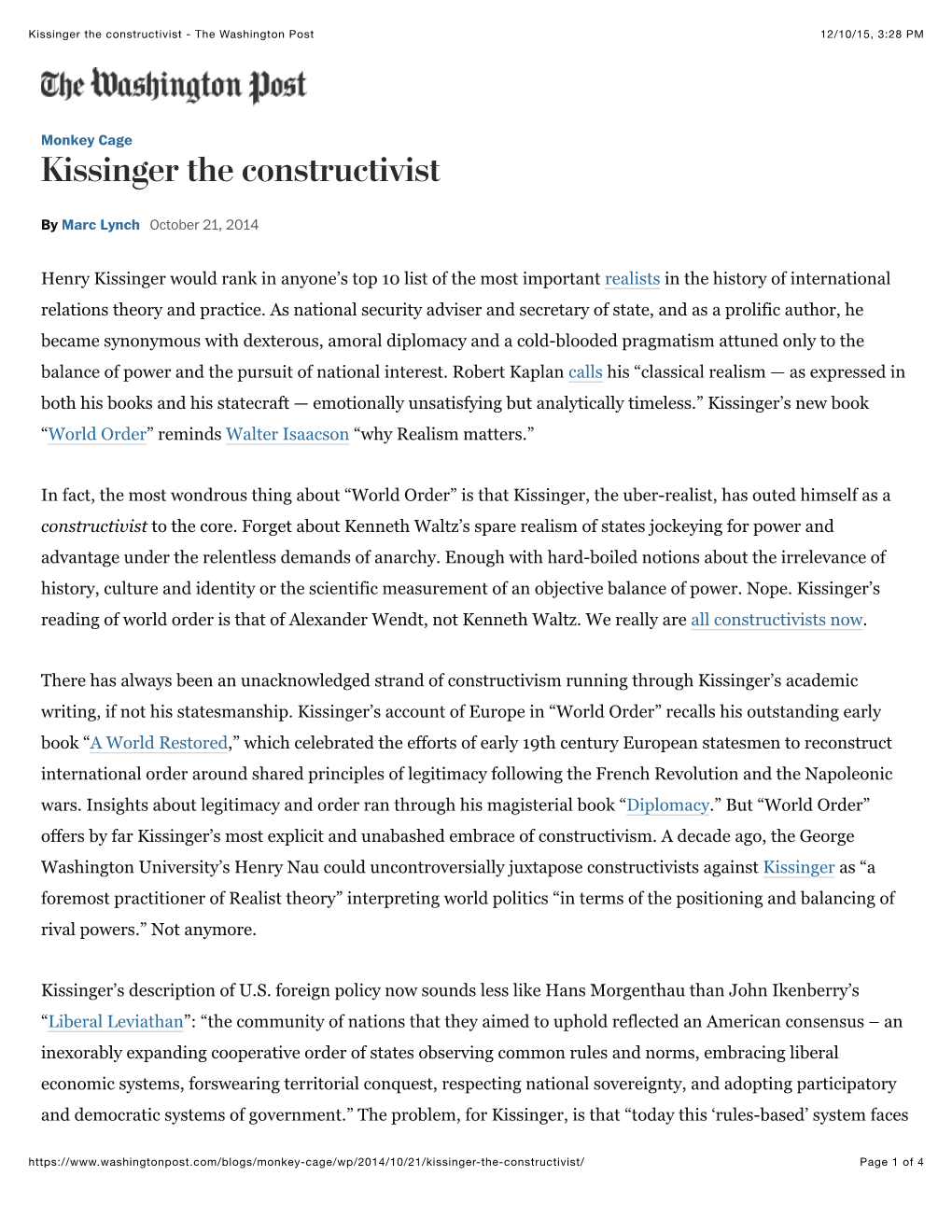 Kissinger the Constructivist - the Washington Post 12/10/15, 3:28 PM