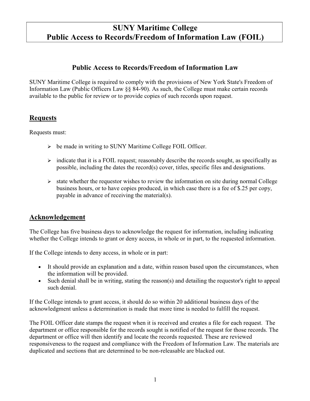 SUNY Maritime College Public Access to Records/Freedom of Information Law (FOIL)