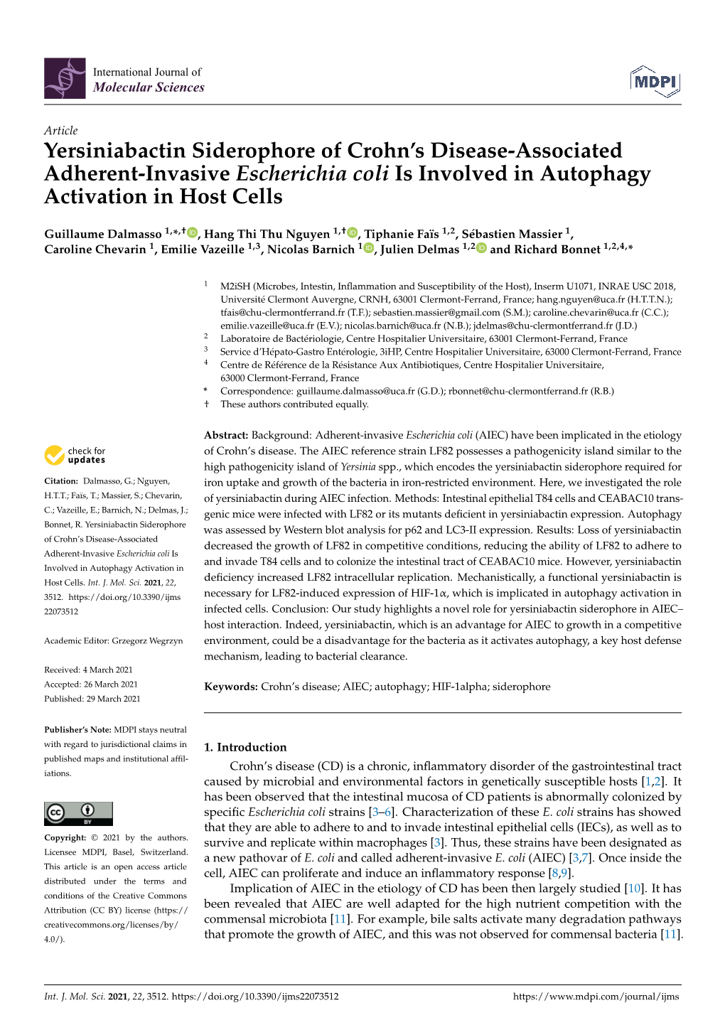 Yersiniabactin Siderophore of Crohn's Disease-Associated Adherent