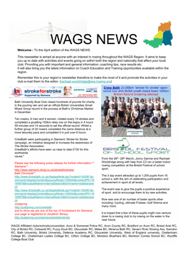 WAGS NEWS Welcome - to the April Edition of the WAGS NEWS