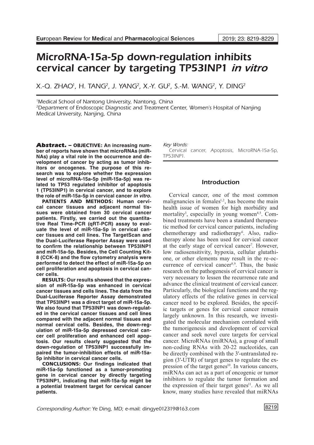 Microrna-15A-5P Down-Regulation Inhibits Cervical Cancer by Targeting TP53INP1 in Vitro