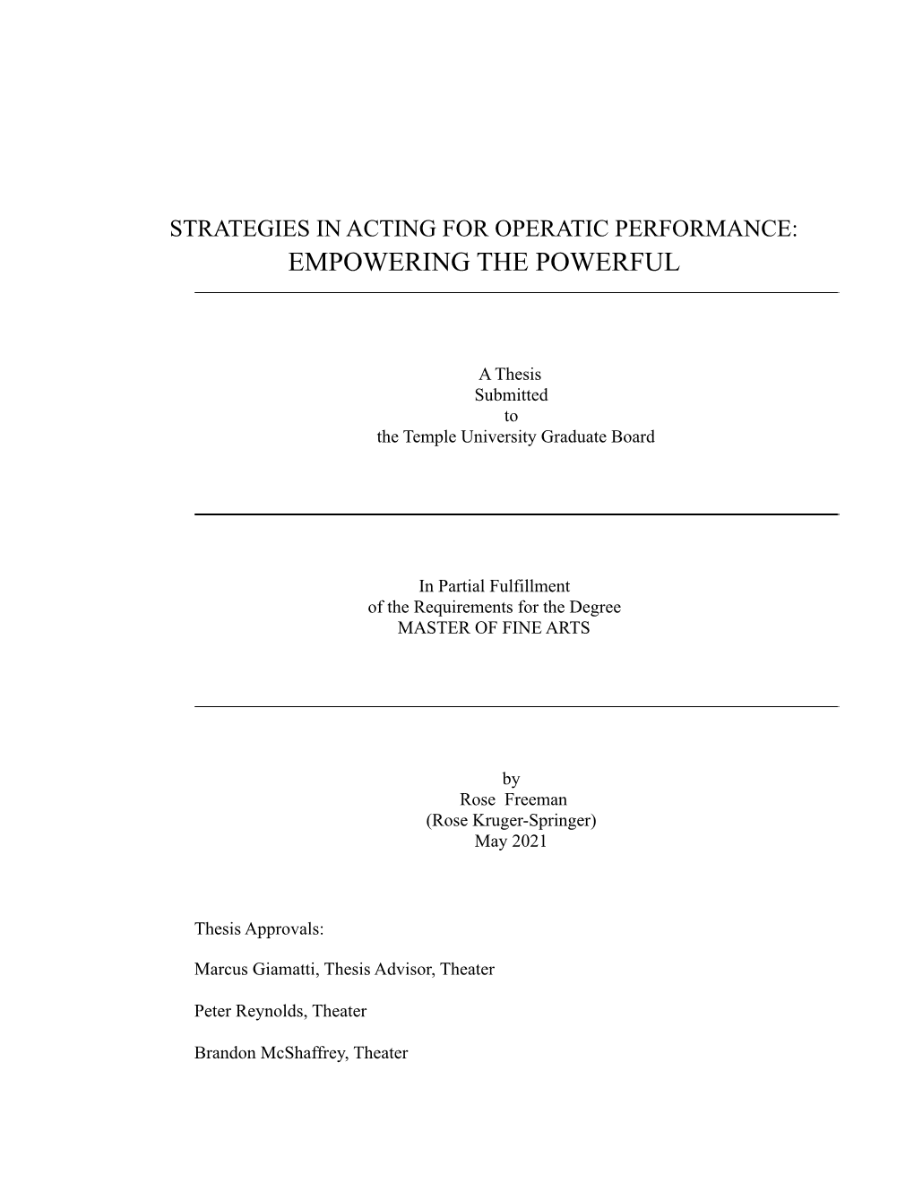 Strategies in Acting for Operatic Performance: Empowering the Powerful