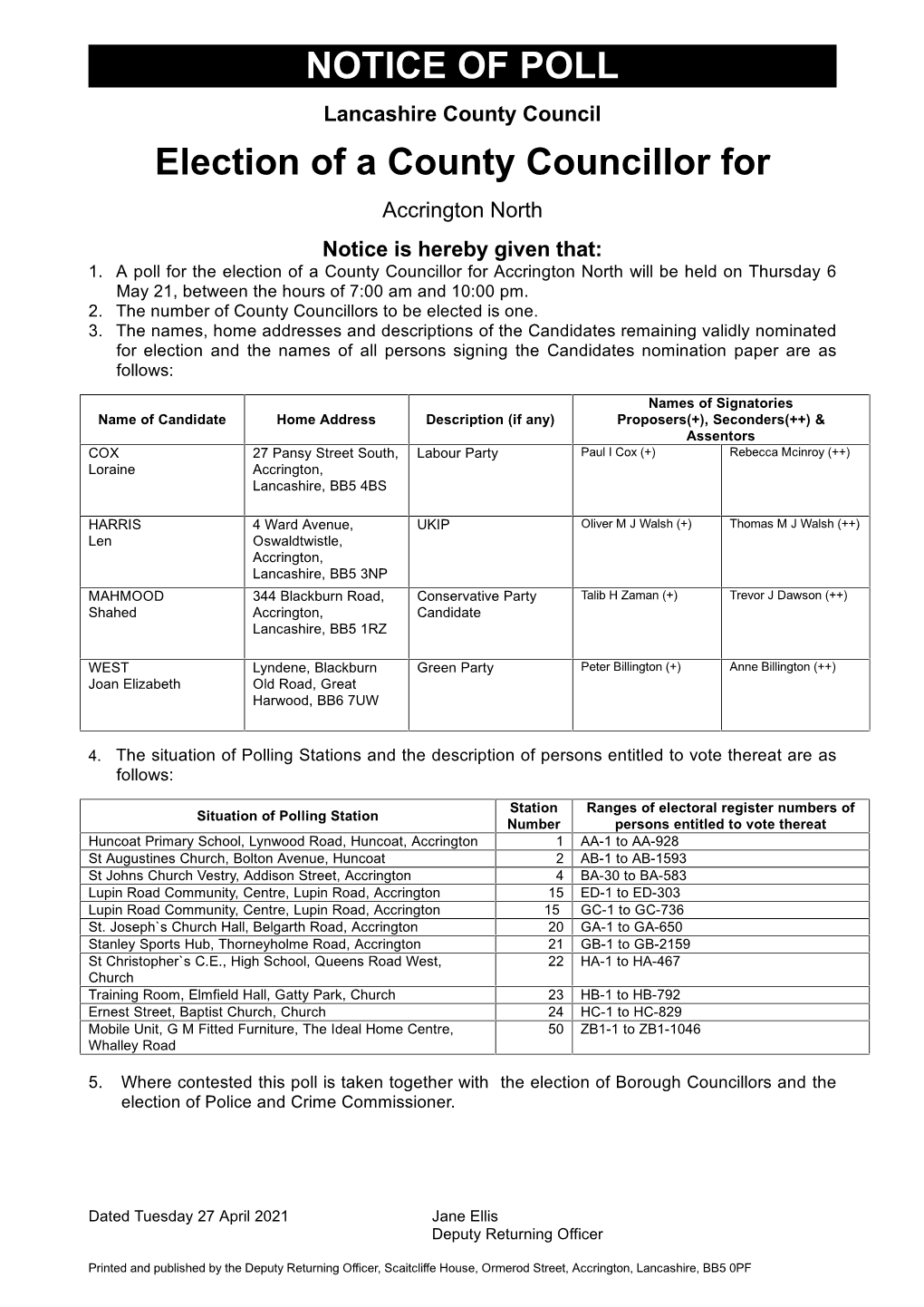 NOTICE of POLL Election of a County Councillor