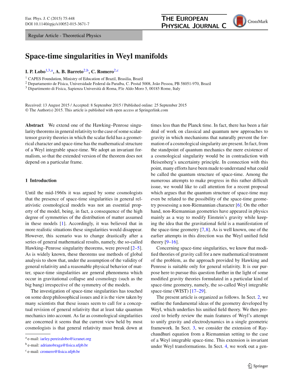 Space-Time Singularities in Weyl Manifolds