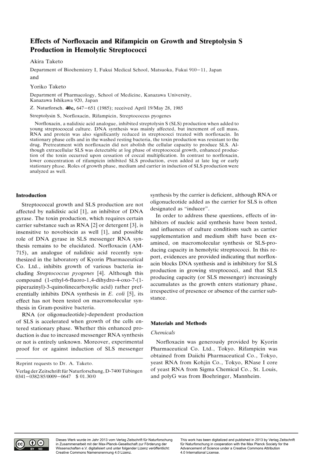 Effects of Norfloxacin and Rifampicin on Growth and Streptolysin S Production in Hemolytic Streptococci