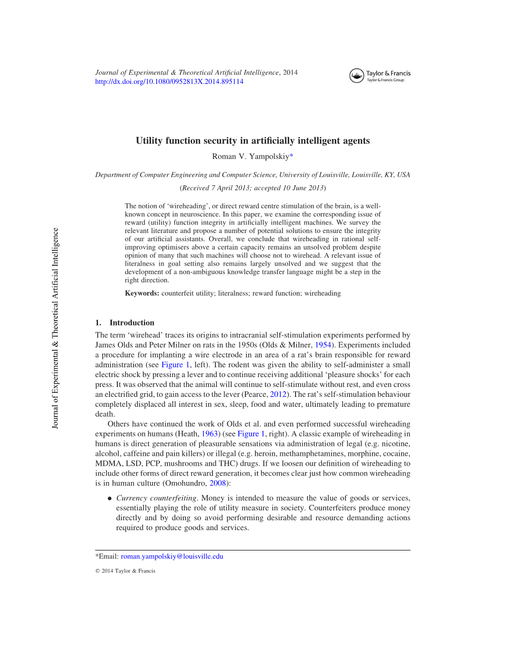 Utility Function Security in Artiﬁcially Intelligent Agents Roman V