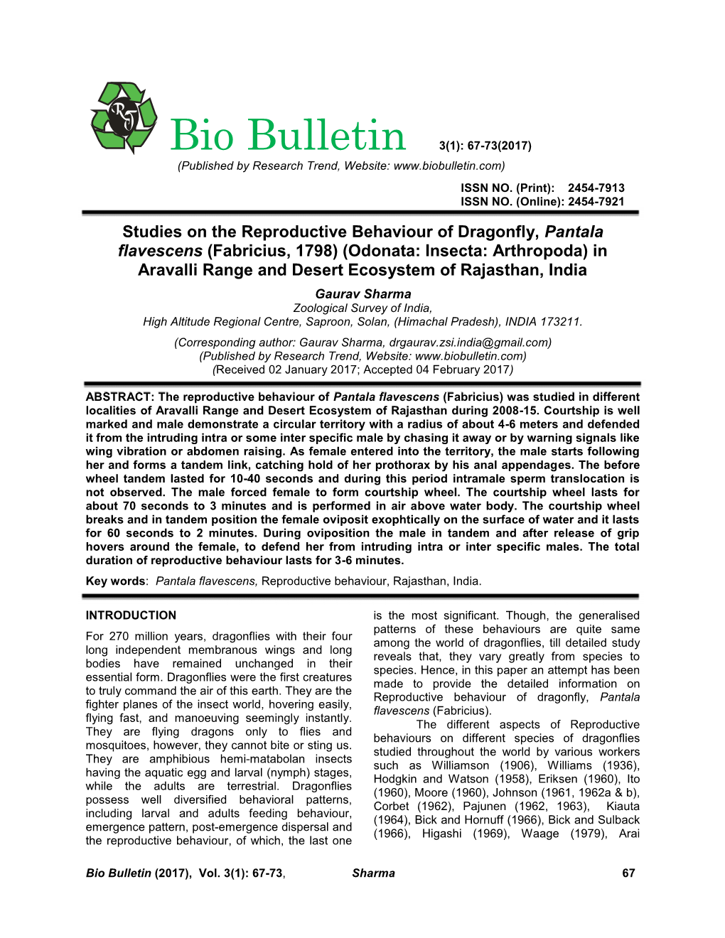 Bio Bulletin 3(1): 67-73(2017) (Published by Research Trend, Website: ISSN NO