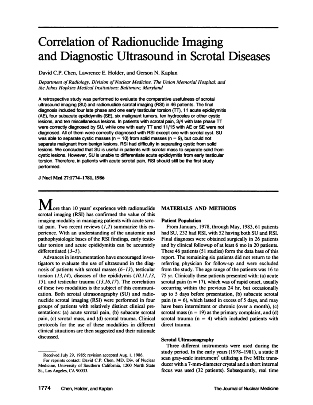 Correlation of Radionucide Imaging and Diagnostic Ultrasound in Scrotal Diseases