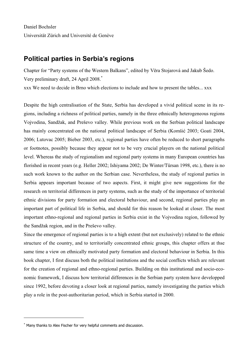 Political Parties in Serbia's Regions