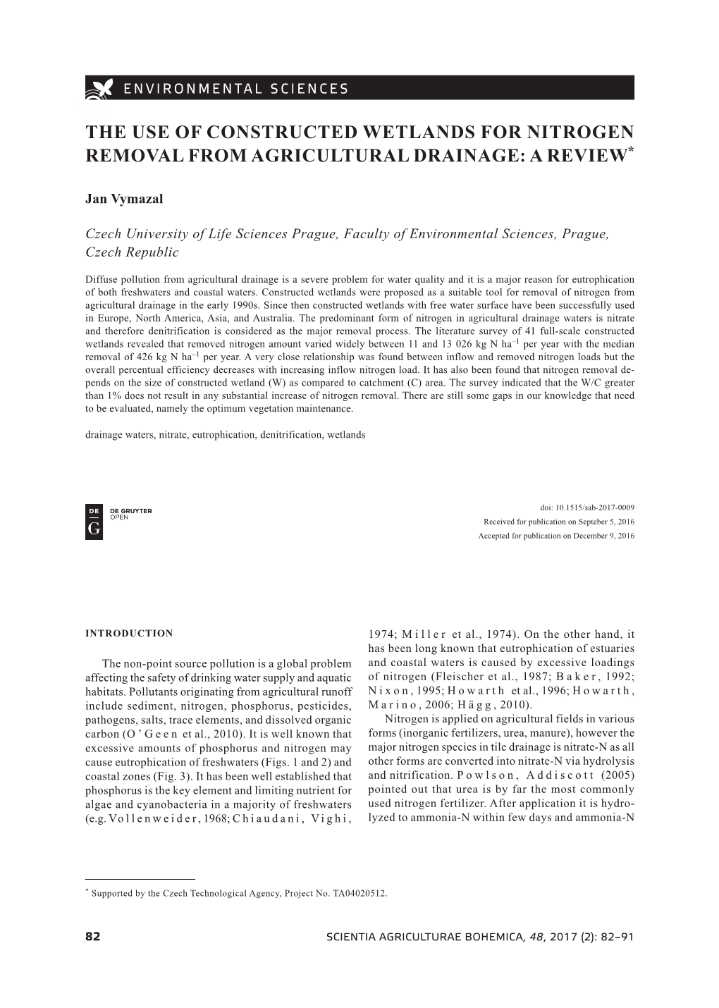 The Use of Constructed Wetlands for Nitrogen Removal from Agricultural Drainage: a Review*