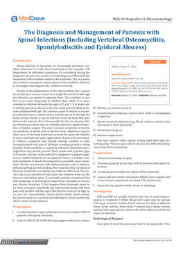 The Diagnosis and Management of Patients with Spinal Infections (Including Vertebral Osteomyelitis, Spondylodiscitis and Epidural Abscess)
